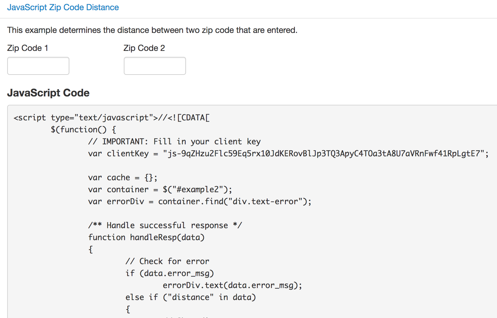 Javascript code to determine the distance between zip codes.